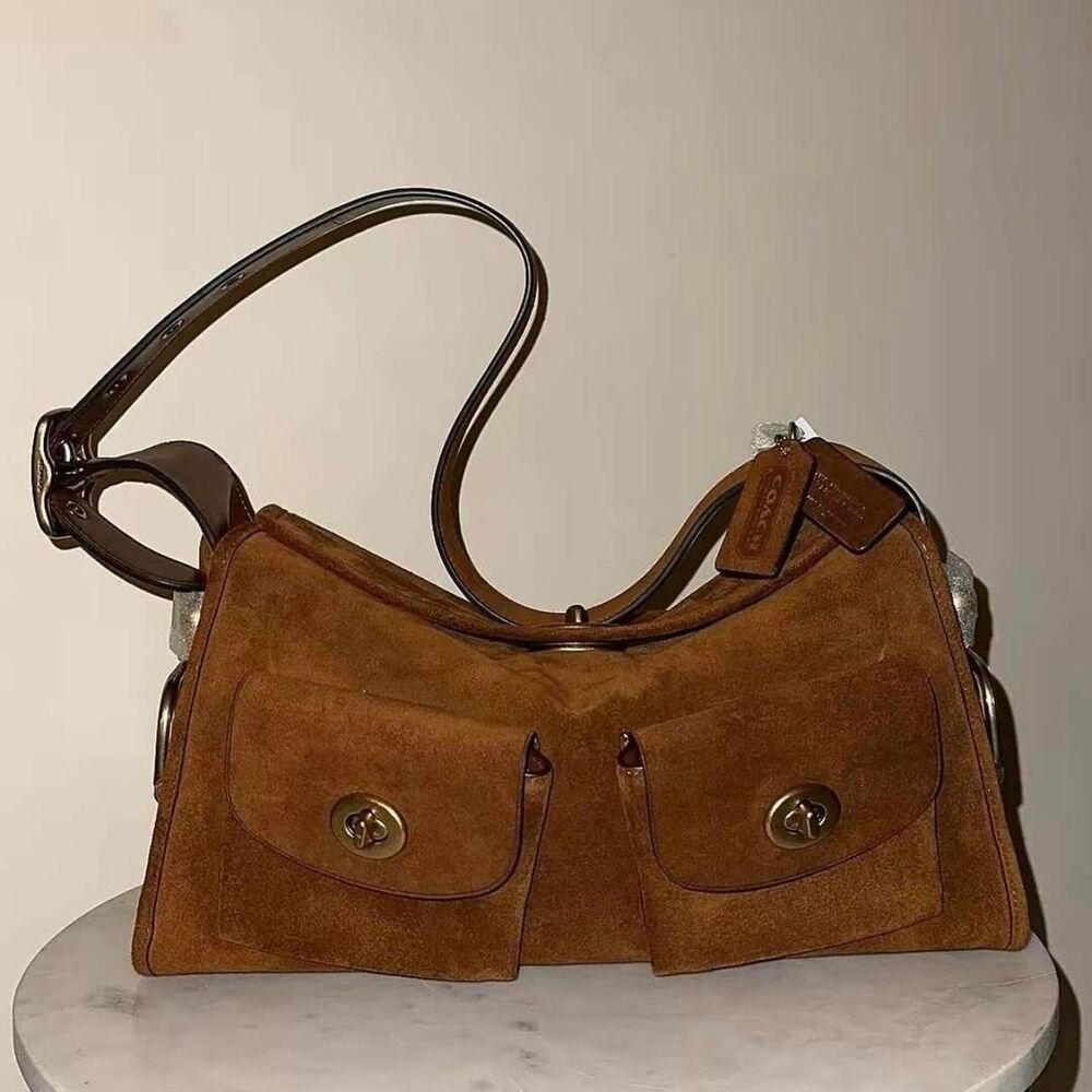 Coach Turnlock Haversack Bag Brown Suede - Picture 2 of 8